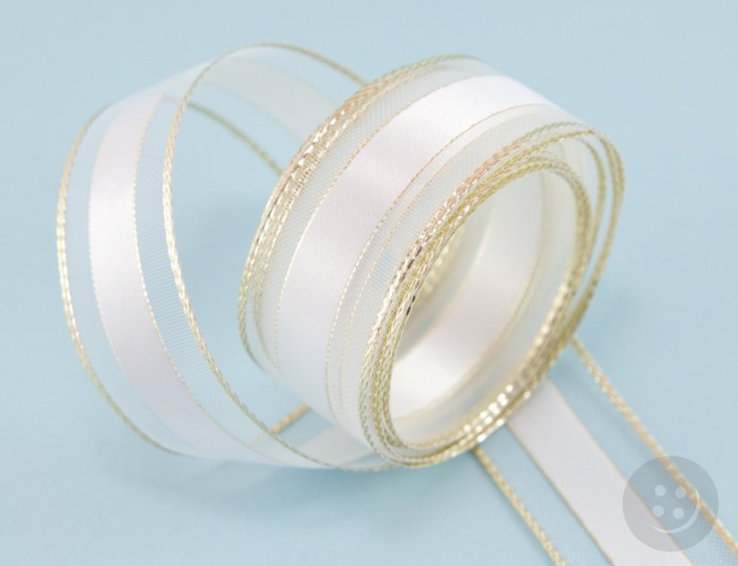 Wired ribbon - white, gold - width 2.5 cm