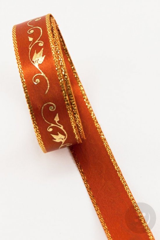 Ribbon with gold decoration - light brown, gold - width 1.5 cm