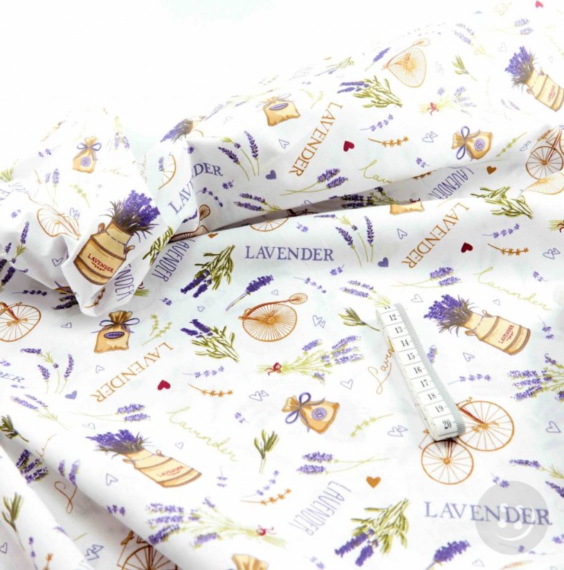 Cotton canvas - lavender motifs on a white background