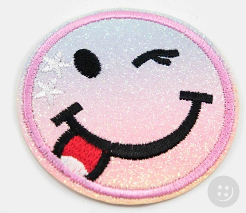 Aufnäher zum Aufbügeln – glitzerndes Smiley-Gesicht – Durchmesser 6 cm – MEHR OPTIONEN