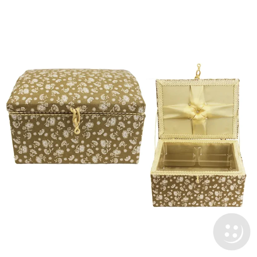 Textile box for sewing supplies - beige with cream flowers - size 20 cm x 15 cm x 11 cm