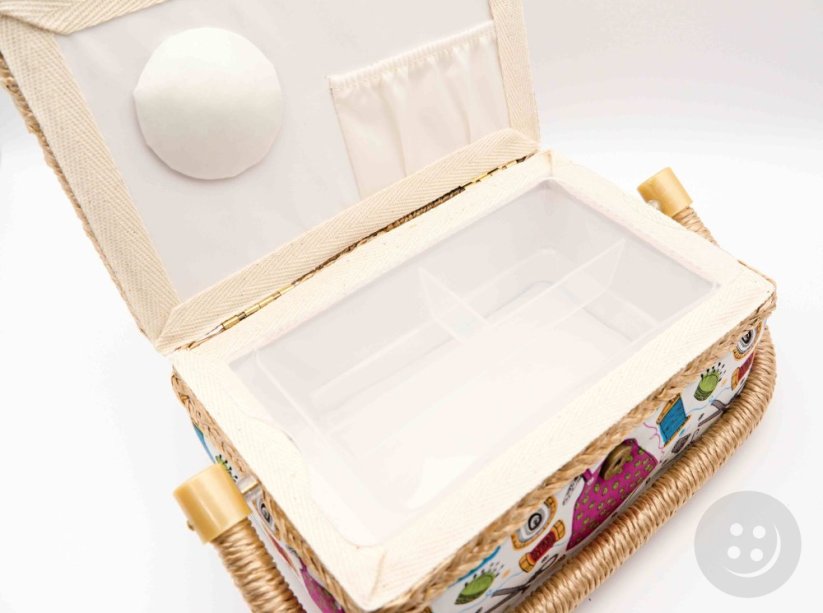 Textile cassette for sewing supplies - cream, blue, brown - dimensions 27.5 cm x 19.5 cm x 11.5 cm