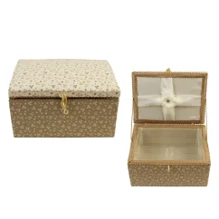 Textile box for sewing supplies - beige cream with flowers - size 20 cm x 15 cm x 11 cm