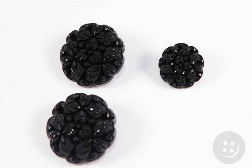 Button in the shape of a filigree flower with bottom stitching - black - diameter 3 cm