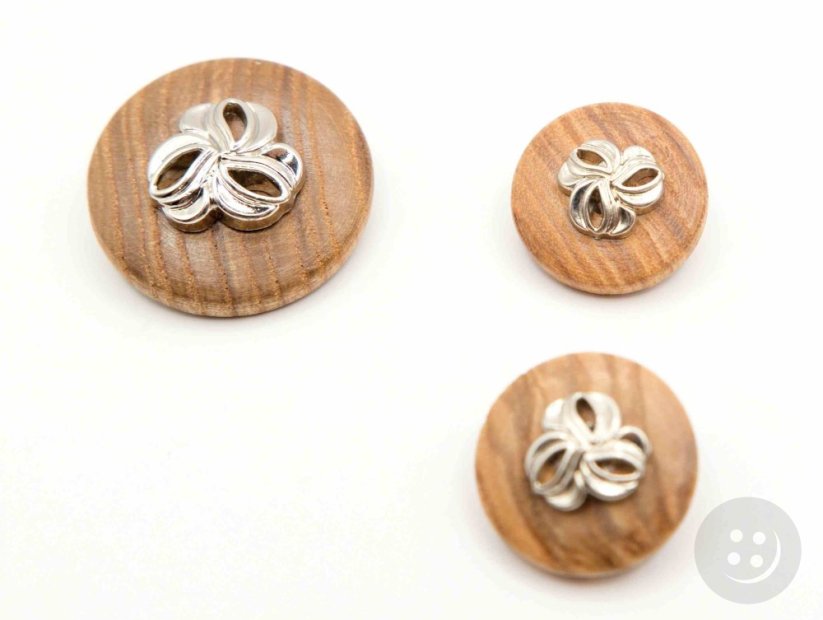 Wooden button with lower sewing - bow - natural, silver - diameter 1.7 cm