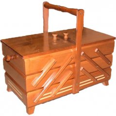 Wooden box for sewing supplies - medium brown wood - dimensions 38 cm x 20 cm x 28 cm