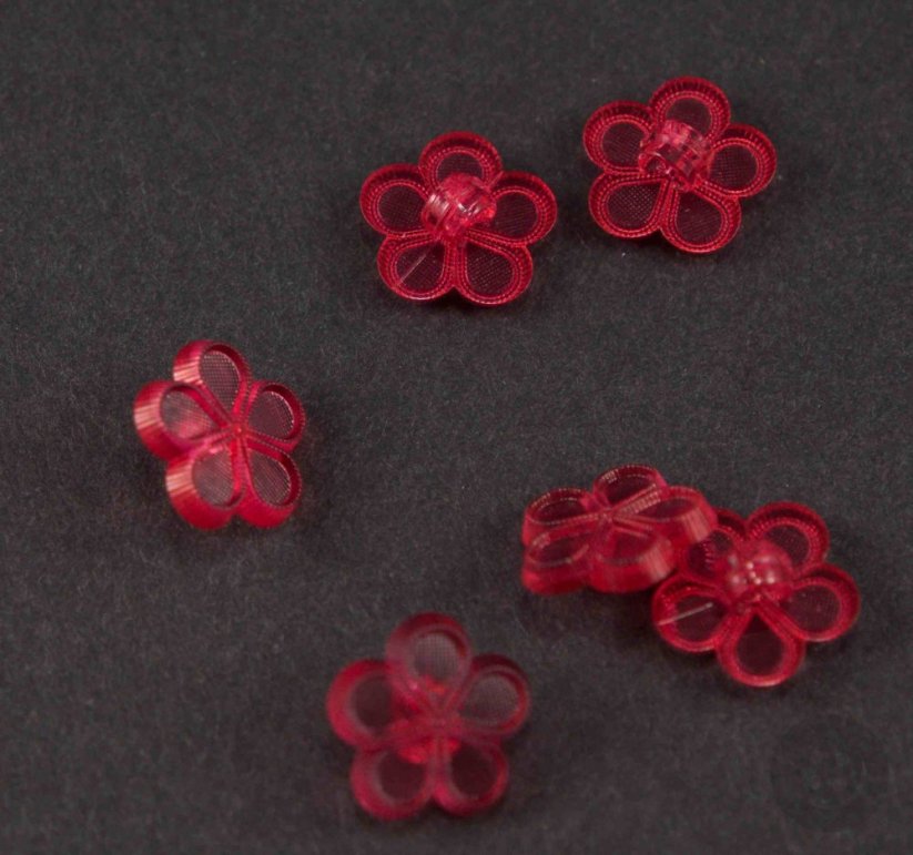 Dětský knoflík - červená kytička - transparentní - průměr 1,3 cm