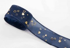 Šifónová dutinková stuha so srdiečkami - tmavo modrá, zlatá - šírka 4 cm