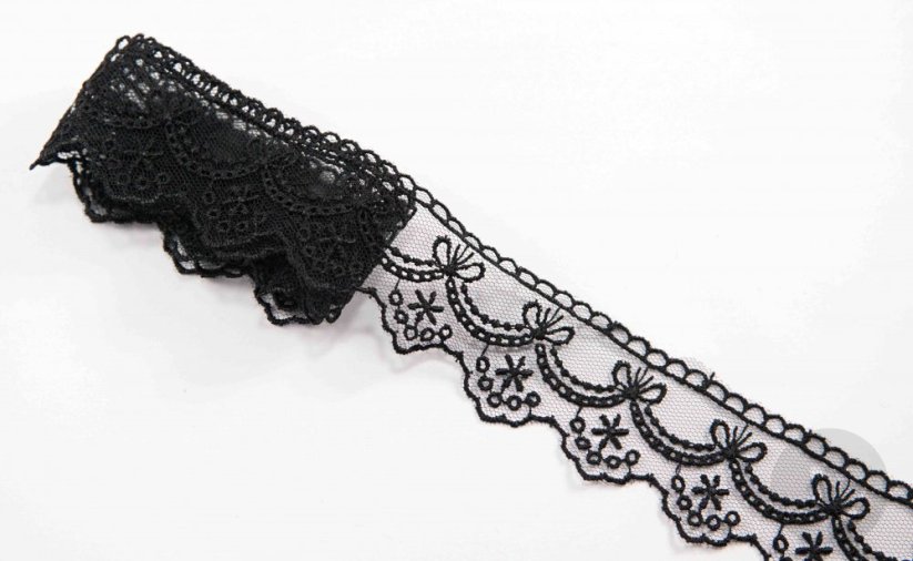 Polyesterová vyšívaná čipka - čierna - šírka 4,5 cm