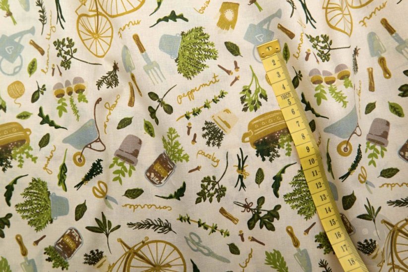 Cotton fabric - herb motifs on cream background