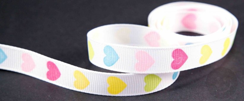 Grosgrain ribbon with hearts - white, pink, green, light blue, yellow - width 1.4 cm
