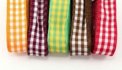 Checkered ribbons - orange, burgundy, green, brown, red - width 2.5 cm