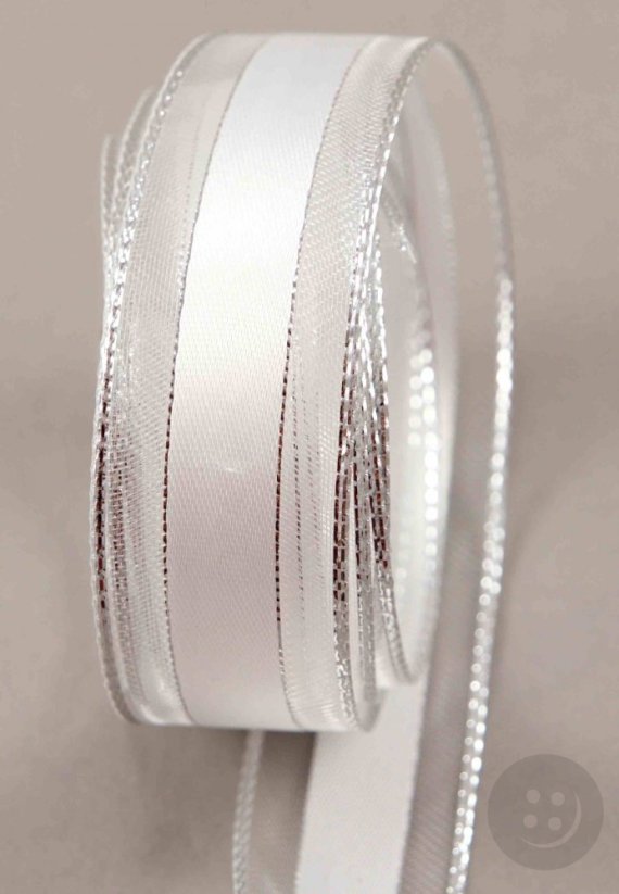 Stuha s tvarovacím drátkem - bílá, stříbrná - šíře 2,5 cm