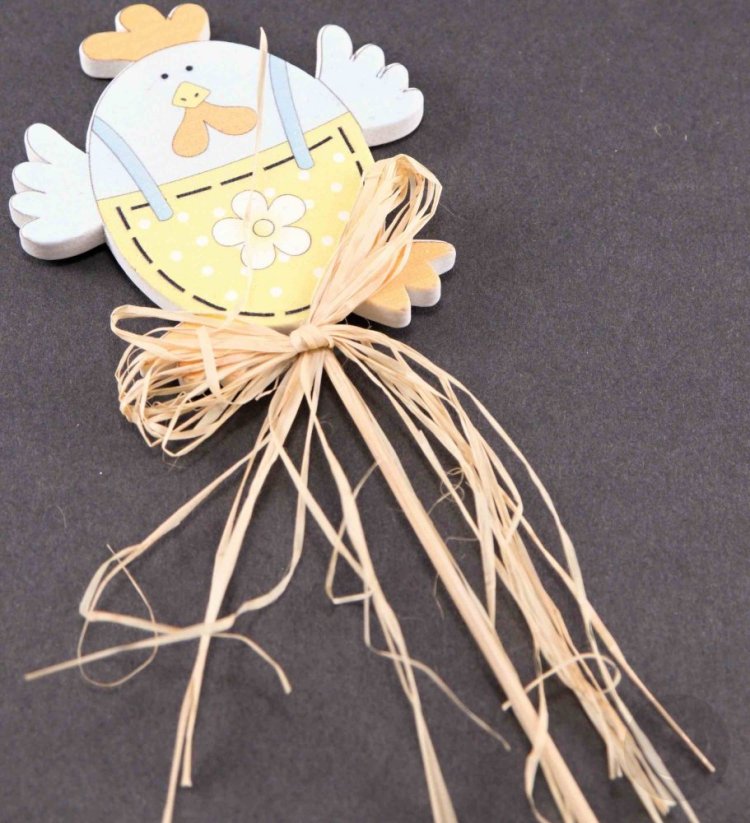 Wooden easter chick on a stick with a bast - dimensions 7 cm x 6.5 cm - pink, light blue