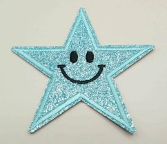 Nažehlovací záplata - třpytivá hvězda - tyrkysová - rozměr 8,5 cm x 8,5 cm