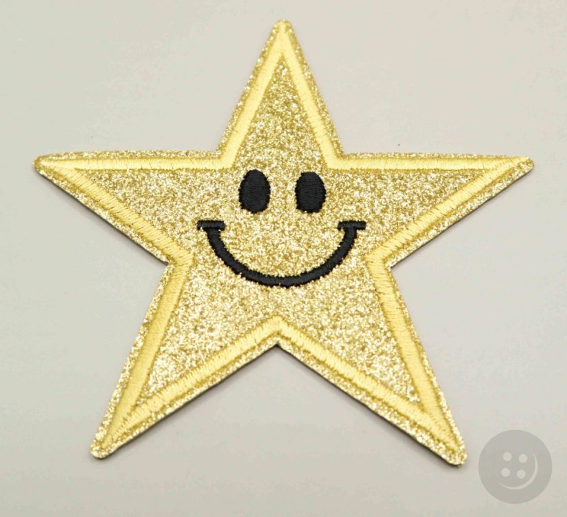 Nažehlovací záplata - třpytivá hvězda - žluté zlato - rozměr 8,5 cm x 8,5 cm