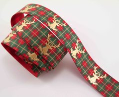 Grosgrain ribbon - red-green-gold check with golden reindeer - width 2.6 cm