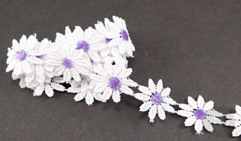 Guipure lace trim - white with a purple center - width 2,5 cm
