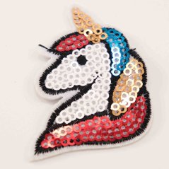 Nažehlovací záplata s flitry - Hlava jednorožce se zlatým rohem 5,5 x 4 cm