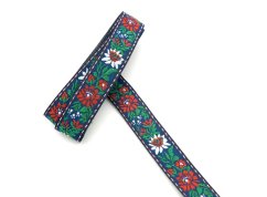 Folk ribbon - blue with red and white flowers - width 1.5 cm