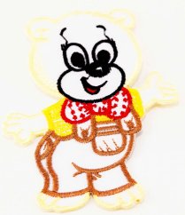 Sew-on patch - Bear - yellow, white, brown, black, red - dimensions 11 cm x 8.5 cm