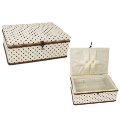 Textile box for sewing supplies - brown polka dots - dimensions 27,5 cm x 19 cm x 11 cm