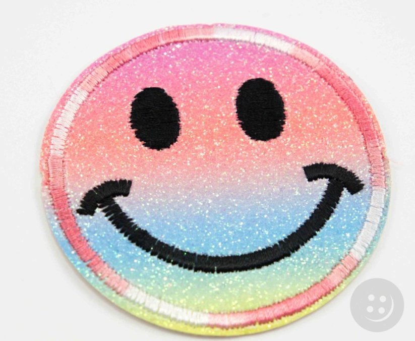 Aufnäher zum Aufbügeln – glitzerndes Smiley-Gesicht – Durchmesser 6 cm – MEHR OPTIONEN