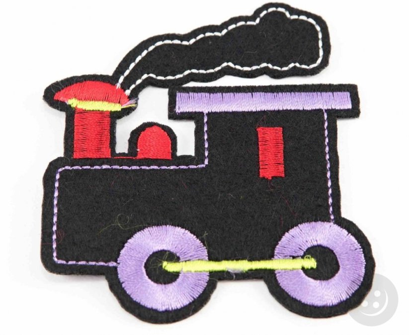 Iron-on patch - locomotive - black, purple - dimensions 6 cm x 7 cm