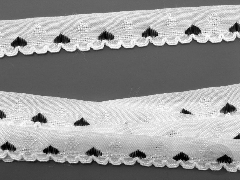 Embroidered decorative ribbon with hearts - white, black - width 1.5 cm