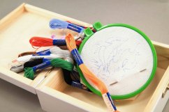 Children's embroidery set in a wooden box - dolphins