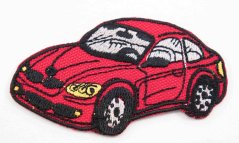 Iron-on patch - Happy car - red - dimensions 4 cm x 7,5 cm