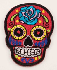 Iron-on patch - Mexican skull - Día de Muertos - red - size 5.5 x 5 cm