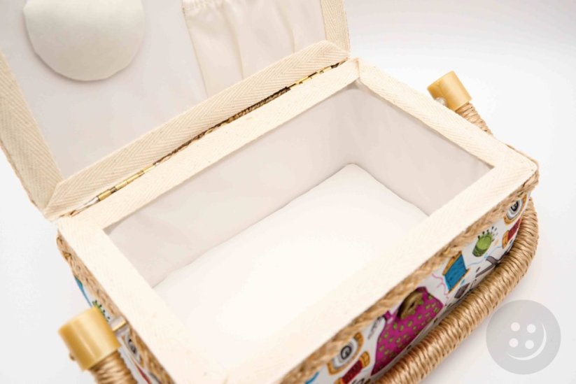 Textile cassette for sewing supplies - cream, blue, brown - dimensions 27.5 cm x 19.5 cm x 11.5 cm