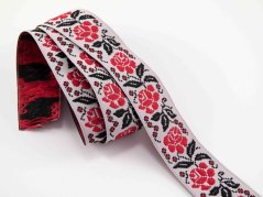 Festive ribbon - white with red flowers and black leaves - width 2.5 cm