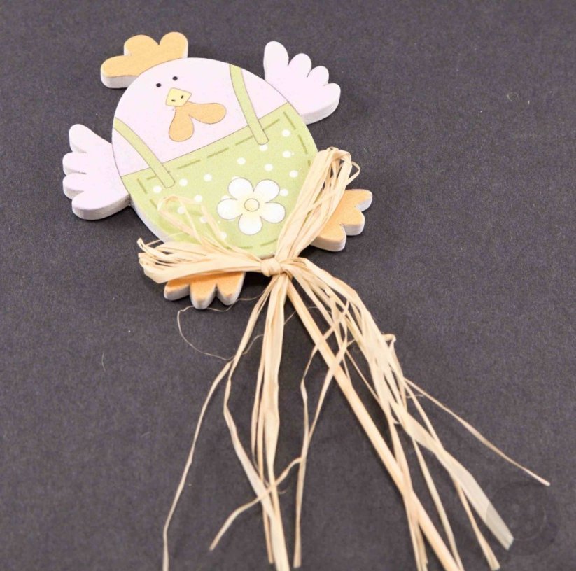 Dřevěné velikonoční kuřátko na špejli s lýkem - rozměr 7 cm x 6,5 cm - růžová, světle modrá