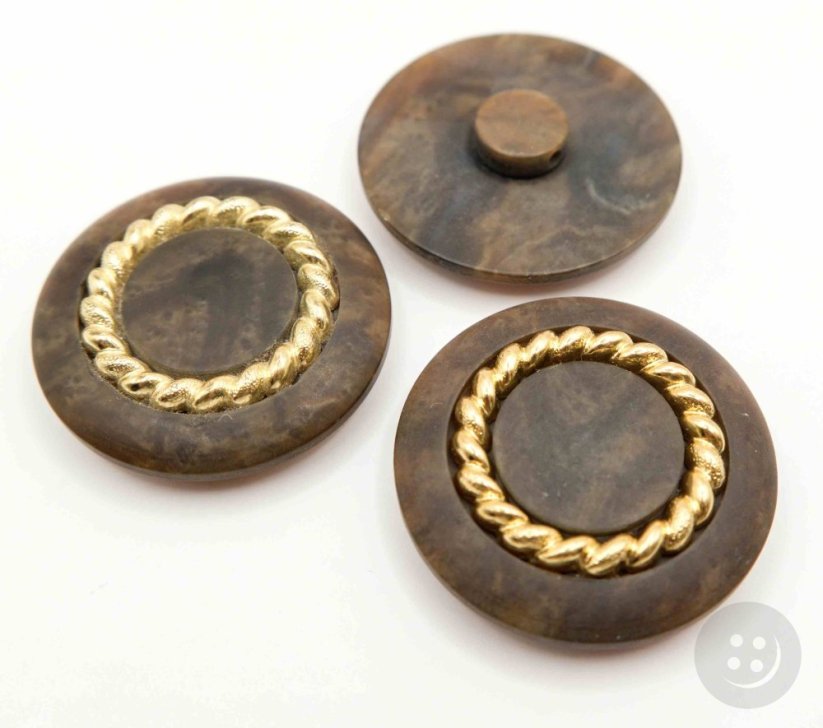 Button with bottom stitching - brown melange with gold decoration - diameter 3.8 cm