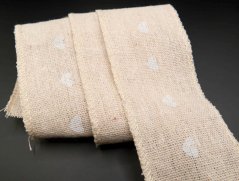 Jute ribbon - beige with white hearts - width 5 cm