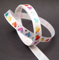 Satinband mit farbigen Herzen - weiß - Breite 0,9 cm