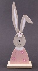 Dřevěný velikonoční zajíček s ušima na podstavci - rozměr 17,5 cm x 4,5 cm x 3,5 cm - světle růžová, světlé dřevo, černá