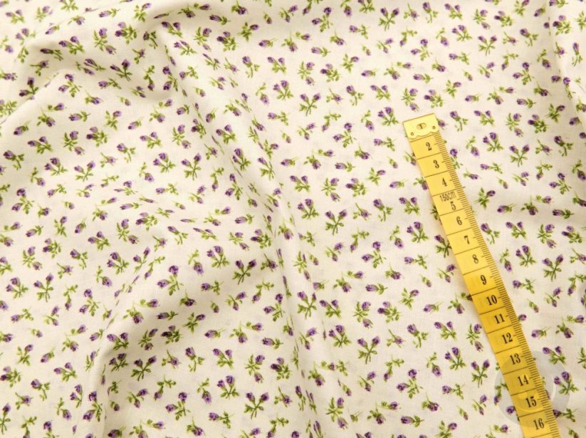 Cotton fabric - purple flowers on cream background