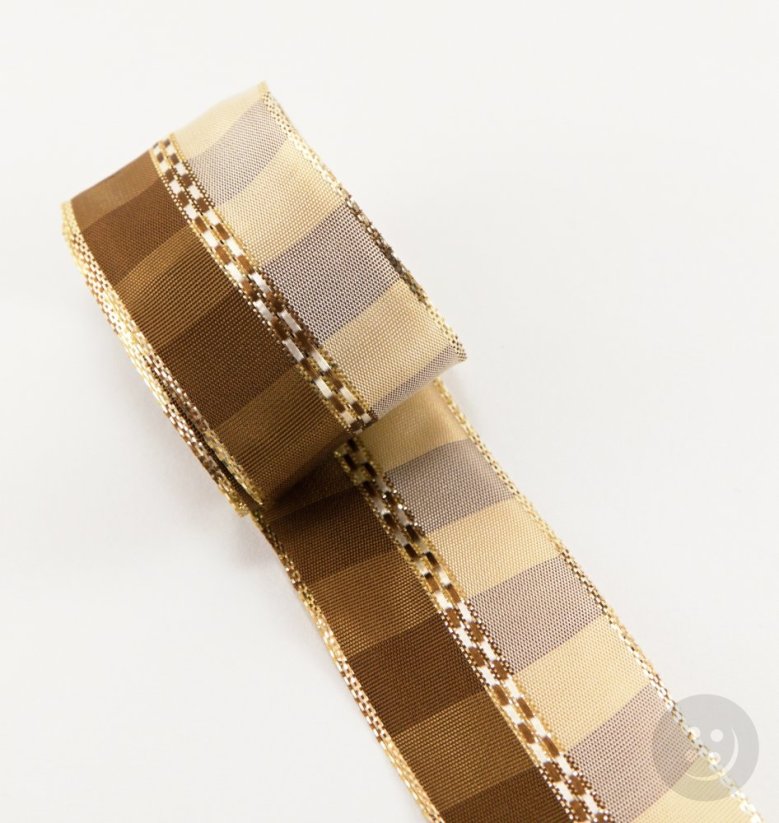 Ribbon with gold decoration - brown, gold, beige - width 4 cm