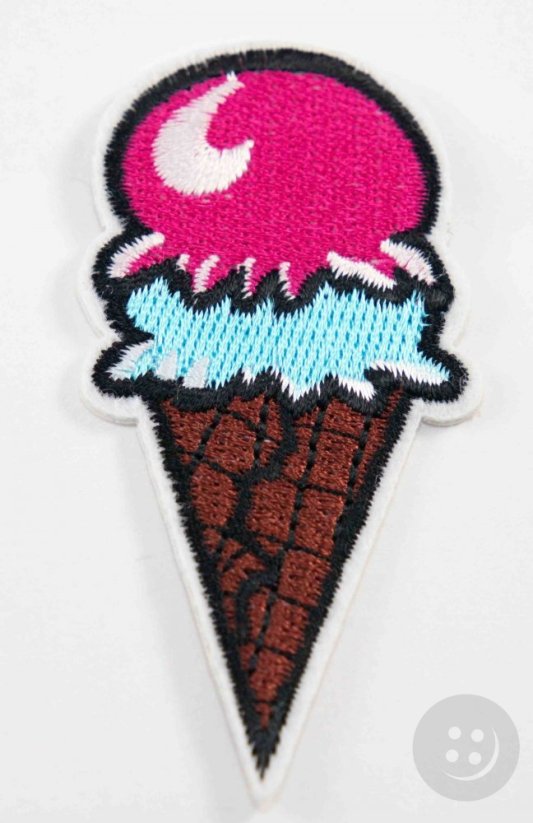 Iron-on patch - ice cream Smurf - dimensions 7 cm x 3 cm - pink, brown, blue