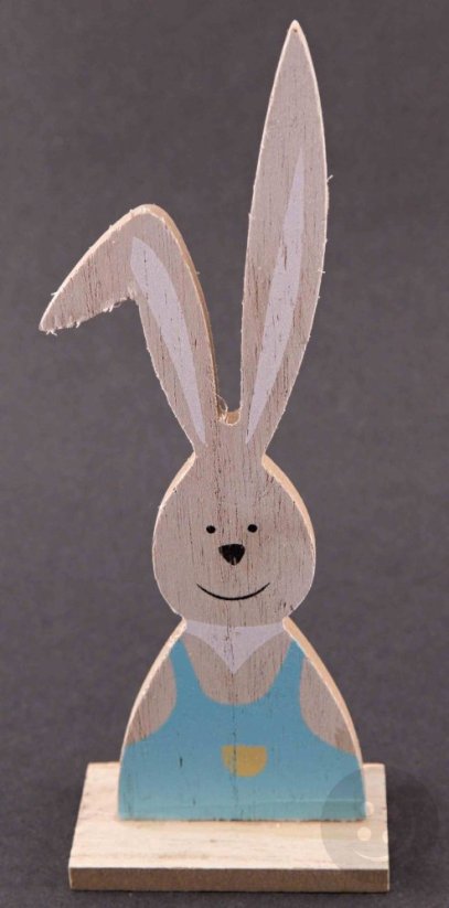 Wooden Easter bunny with ears on a pedestal - size 17.5 cm x 4.5 cm x 3.5 cm - light blue, light wood, black