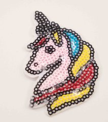 Iron-on patch with sequins - Pink unicorn head - colorful mane 7 x 5.5 cm