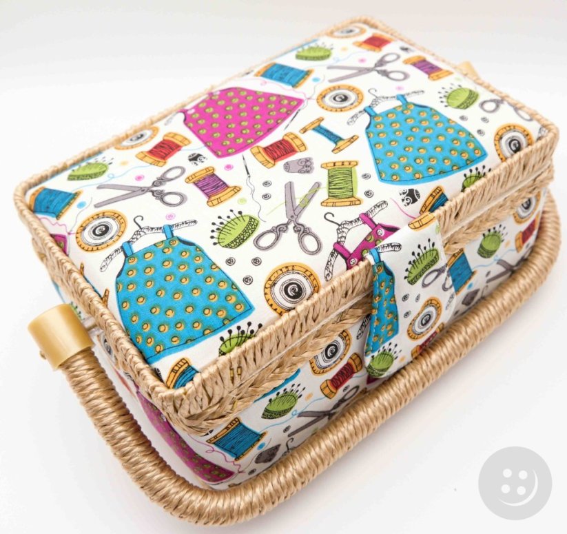 Textile cassette for sewing supplies - cream, blue, brown - dimensions 27.5 cm x 19.5 cm x 11.5 cm