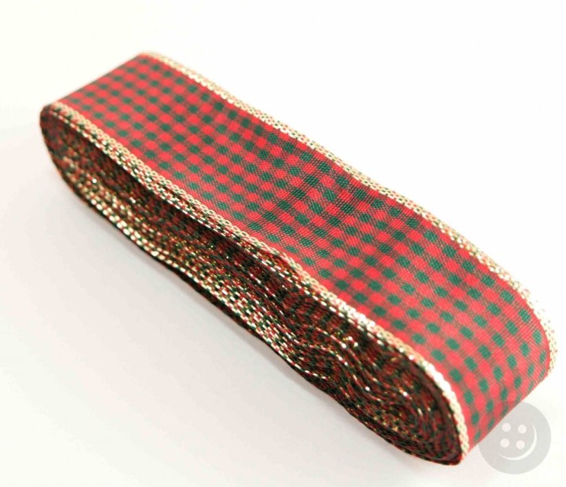 Decorative checkered ribbon - red, green, gold - width 2.5 cm