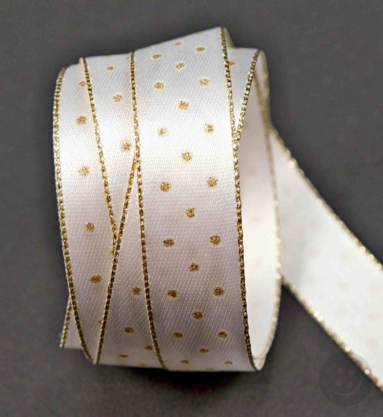 Ribbon with silver edge and dots - white, gold - width 1,5 cm