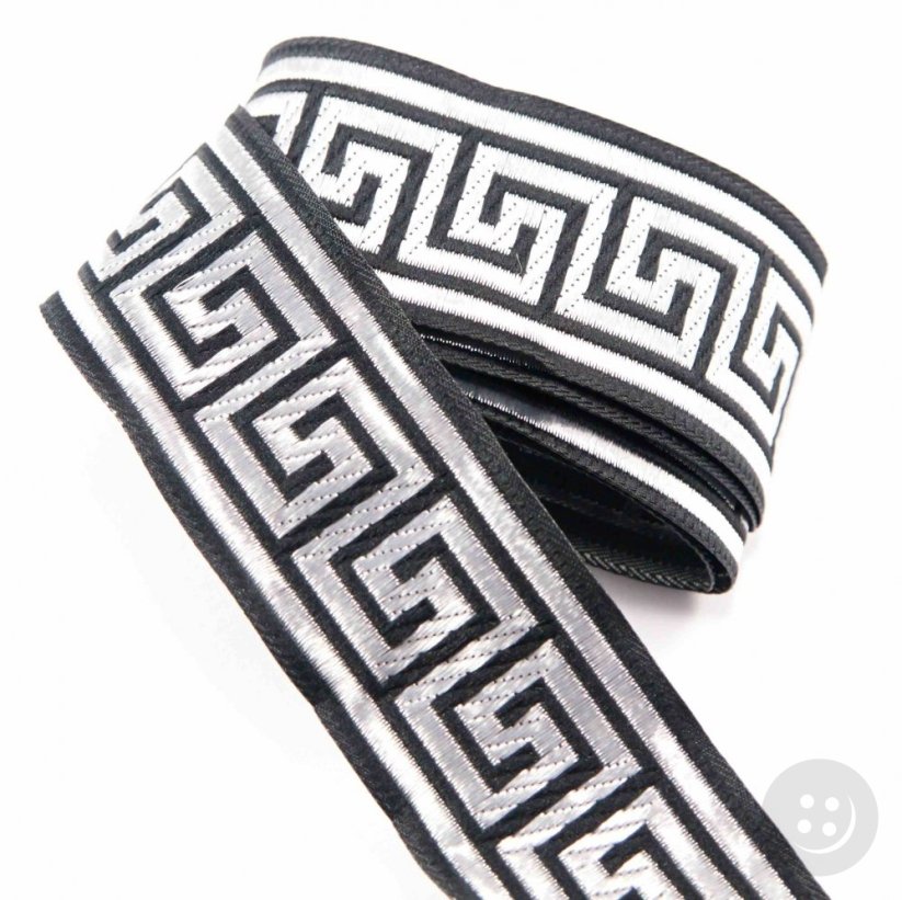Schwarze Borte mit ägyptischem Muster - schwarz, silber - Breite 3,3 cm