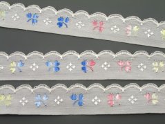 Embroidered decorative ribbon - blue, white, pink - width 1.5 cm
