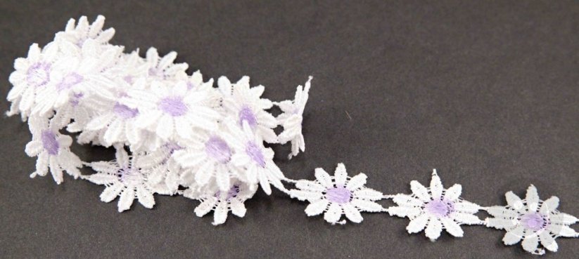 Guipure lace trim - white with a light purple center - width 2,5 cm